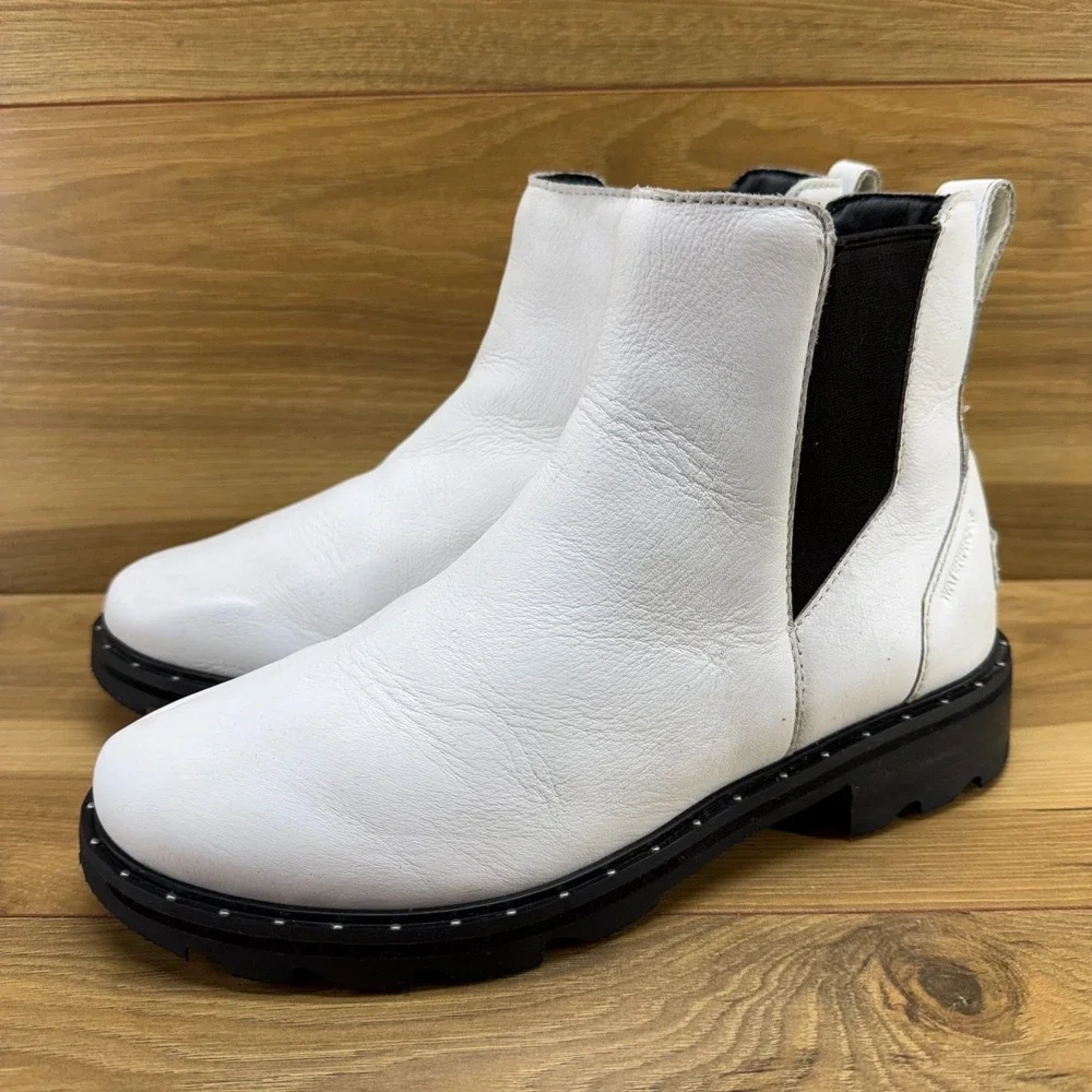 Sorel‎ Lennox Lug Sole Chelsea Boots 9.5 White Leather Pull On Casual Waterproof
